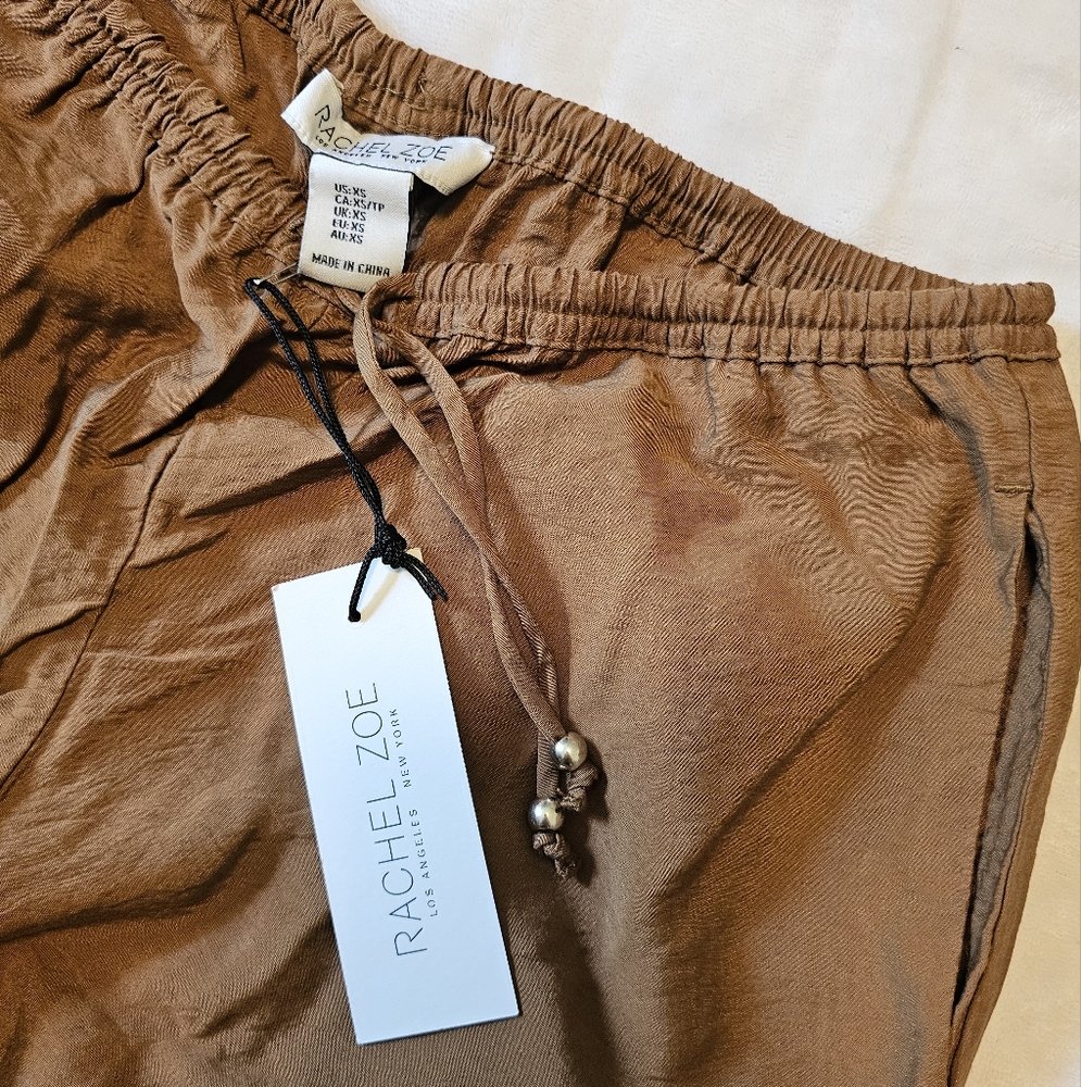 Rachel Zoe Set XS- Silky Wide Leg Pants Tan & Crochet Crop Top Cream - Picture 5 of 13
